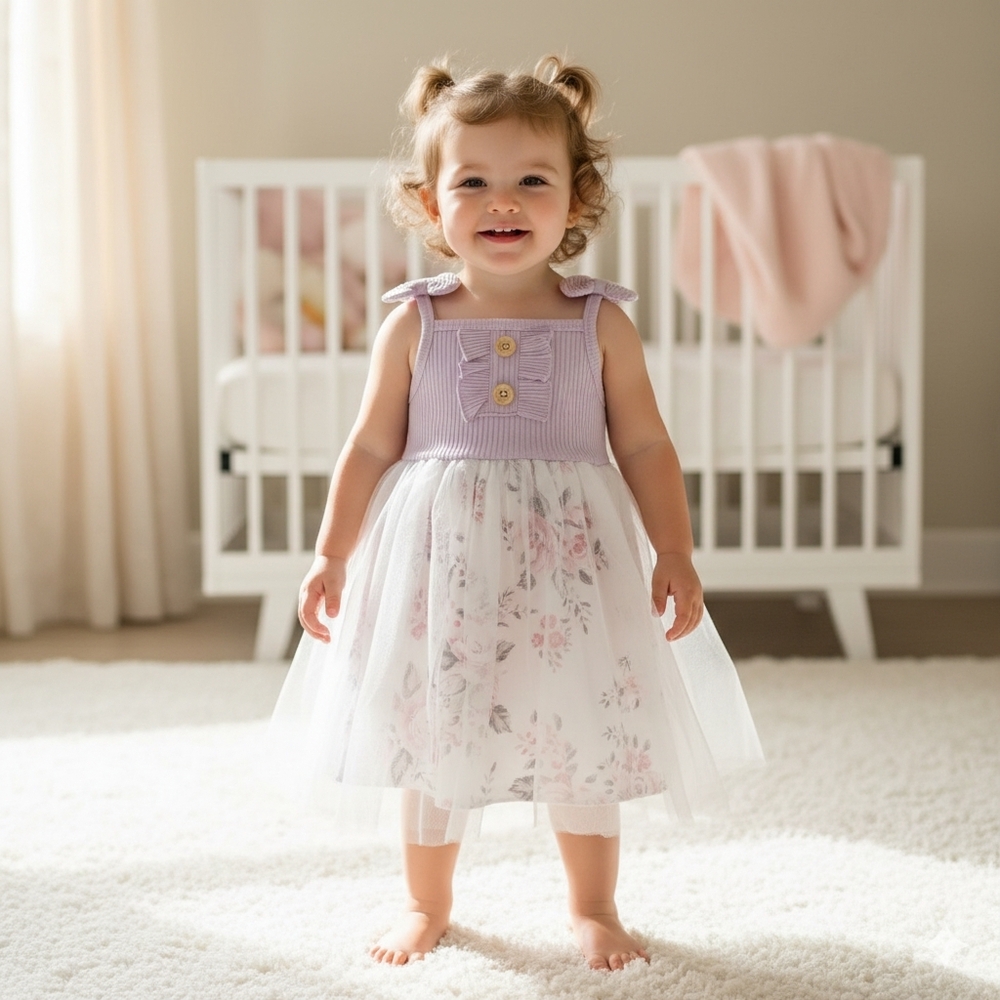 Baby Girl Floral Tulle Dress Lilac Purple Ribbed Knit Bodice Summer Tutu 12-18M